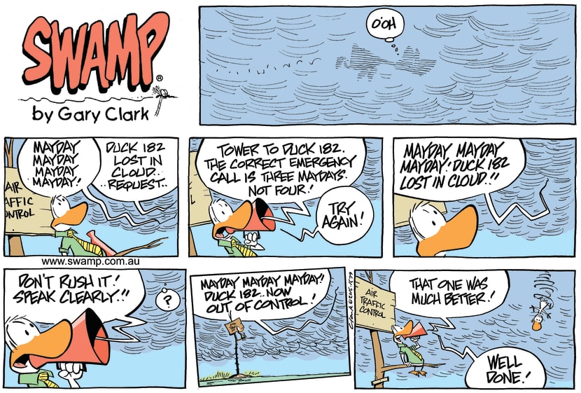 Swamp Cartoon - Aviator Duck in DistressJanuary 14, 2024